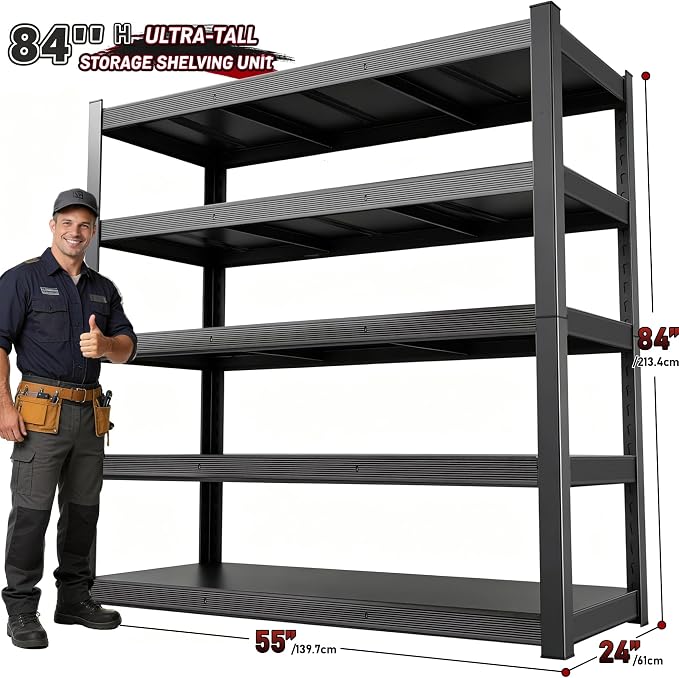 84" H 5-Tier Heavy Duty Storage Shelves, 3000LBS Capacity Adjustable Metal Industrial Garage Shelving Units,Freestanding Storage Rack for Shop and Warehouse, 84" H x 55" W x 24" D