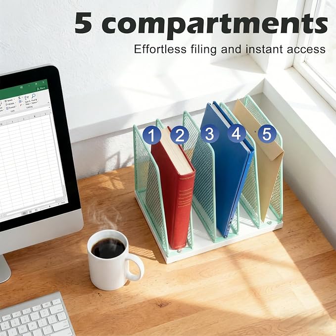 AUPSEN 5-Section File Organizer for Desk, Wood Mesh Desktop File Organizer, File Sorter Storage Rack, Vertical Folder Holder for Files, Magazines, Books (Green)