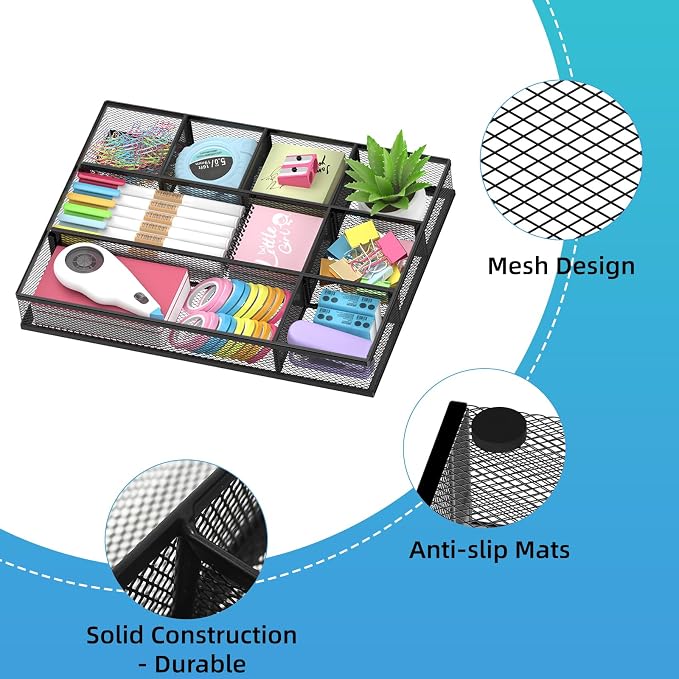 2 Pack Mesh Drawer Organizer, Metal Desk Drawer Organizer Tray with 8 Adjustable Compartments, Desk Organizers and Accessories for Office Supplies, Kitchen, Makeup & Vanity (Black)