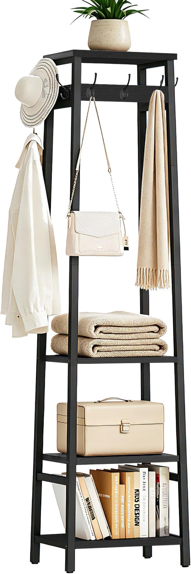 Coat Rack Freestanding with 3 Shelves and 7 Hooks | Coat Stand, Hall Tree Free Standing, Clothes Rack Stand Organizer, Industrial Style, Black