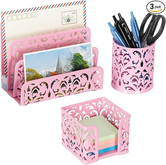 EasyPAG Desk Organizers and Accessories 3 Pieces Office Organizer Set - Pen Holder for Desk, Mail Sorter Countertop and Sticky Note Holder, Pink