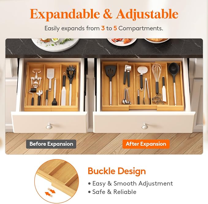 Lifewit Utensil Organizer for Kitchen Drawer, Expandable Cooking Utensil Tray, Cutlery Silverware Flatware Holder, Wood Adjustable Spatula Tools Storage Divider, 12.6-22.8x14/ 32-58x35.6cm, Natural