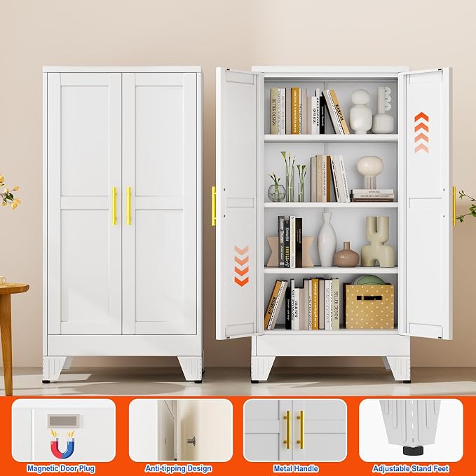 GAIOUS 47.2" Tall Metal Garage Storage Cabinet,File Cabinet with Door and Adjustable Shelves, Outdoor Steel Tool Cabinet for Home,Office,Warehouse,Garage,White