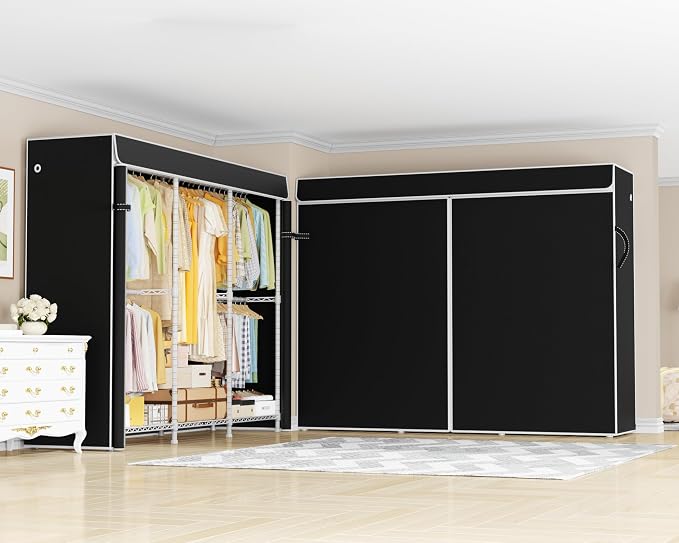 E14C Pro Heavy Duty Closet Organizer System，Freestanding Clothing Racks for Hanging Clothes，Adjustable Garment Rack 69" W × 16" D × 77" H Hold 960 lbs，White Rack with Black Dustproof Cover