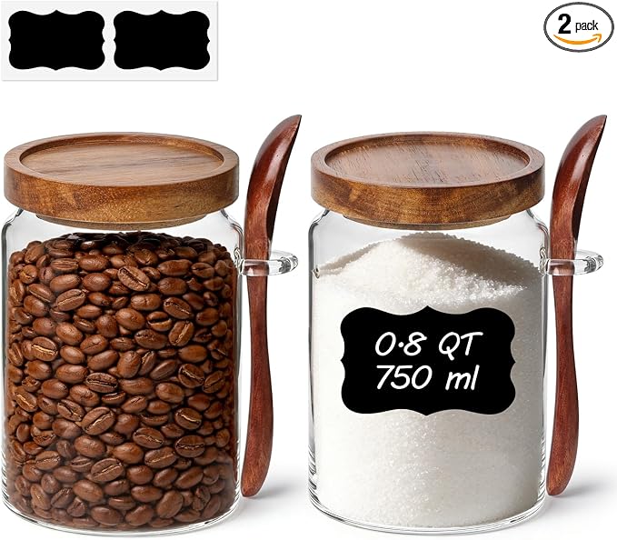 ComSaf Coffee Storage Canister with Acacia Wood Lids & Scoops 0.8Qt 2Pack | Glass Containers for Coffee Lover, Whole Beans Grounds Sugar, Coffee Bar & Office Tabletop, Jars with Labels, Lead-Free