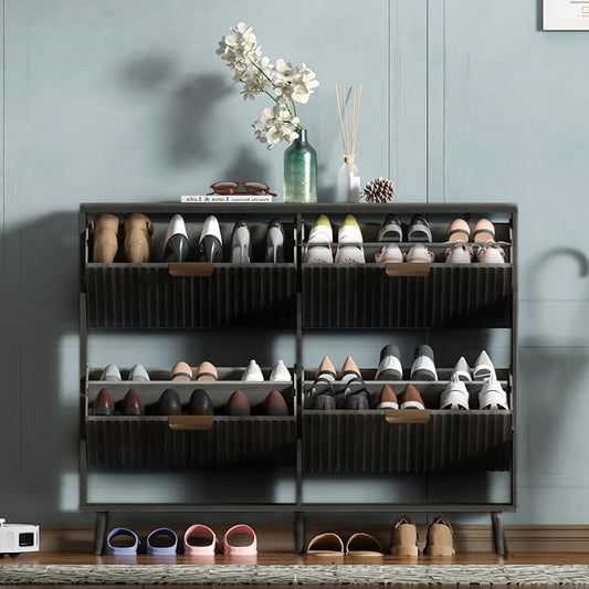 Shoe Cabinet Storage,Modern Freestanding Organizer with 4 Flip Drawers,Narrow Shoe Rack Cabinet for Entryway,Black