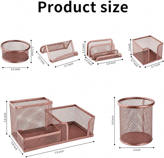 Desk Organizer for Office, 6 Pieces Mesh Desk Multi-functional Storage Set Office Supplies Accessories (Rose Gold)