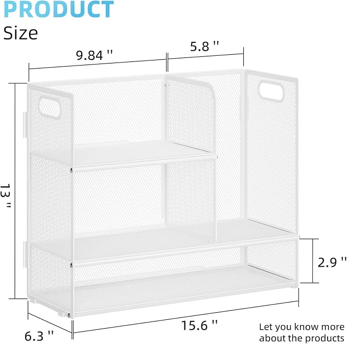 Marbrasse Desk Shelf Organizer with Handle, Bookshelf File Holder, White | 3-Tier Desktop Mesh Display Shelf Organizer Storage Rack for Office, Home, Supplies, Kitchen