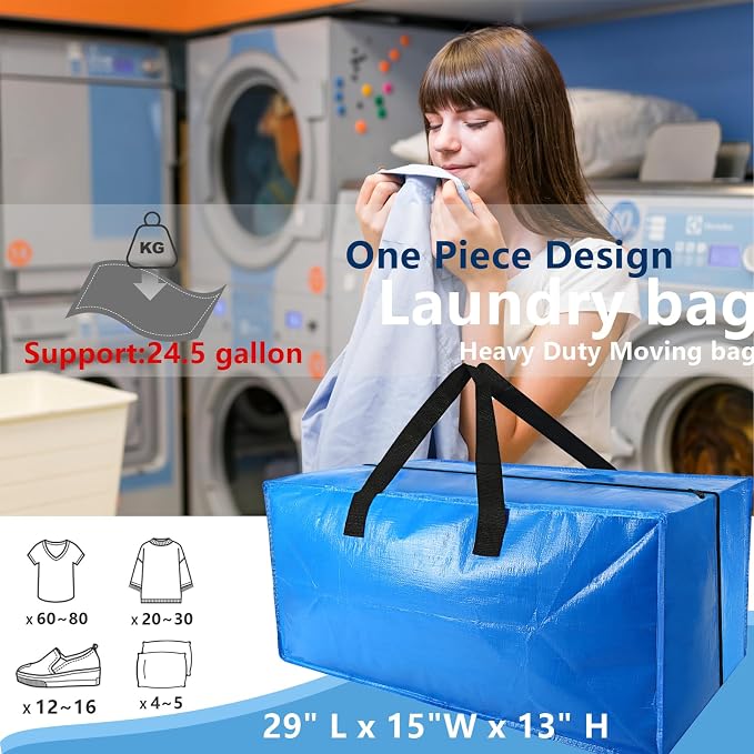 Heavy Duty Extra Large Blue Moving Bags with Strong Zipper Backpack Handles | 6 Pack Clothes Storage Bags Totes Space Saving Moving Boxes Bins Packing Bags for College Dorm Compatible with Ikea Frakta