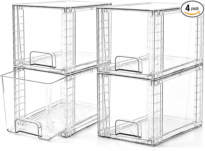 4 Pack Stackable Acrylic Storage Drawers – Clear Plastic Organizer Bins, Easy to Assemble, Suitable for Bathroom, Undersink, Kitchen, Pantry, Makeup, Medicine Organization