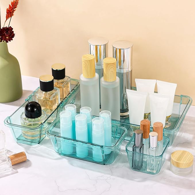 25 Pcs Clear Drawer Organizer, Adjustable Drawer Storage Box, 3-Size Desk Drawer Organizer, Acrylic Storage Bins for Makeup, Kitchen Utensils, Bedroom Dressers Tool Organizer for Gadgets, Blue