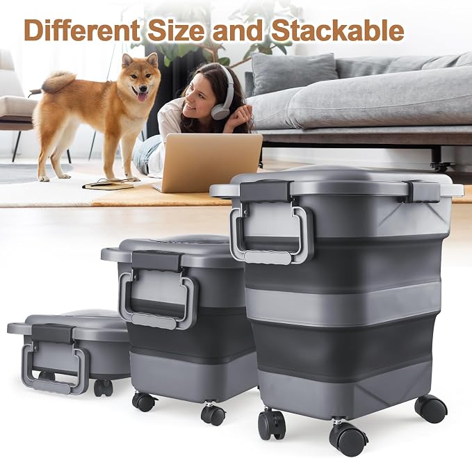 Dog Food Storage Container, 10-20 lbs Airtight Collapsible Cat Food Storage Container with Attachable Wheels, Portable Handle, Dog Food Scoop for Dog Cat Bird Pet Dry Food Storage Bin Dark Grey