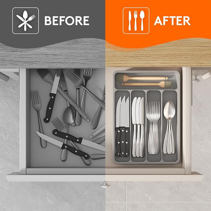 Lifewit Silverware Drawer Organizer Tray, Plastic Cutlery Storage for Kitchen, Flatware and Utensil Holder Divider for Spoons Forks Knives Tableware, 9.1 x 12.6", 5 Slots, Gray