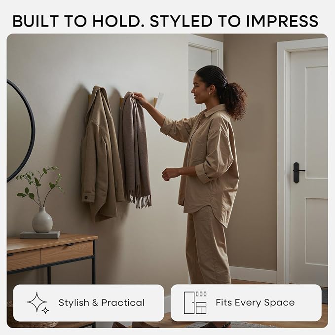 Beech Wood Coat Hooks, High End Beech Wood & White Metal Wall Mounted Clothing Hooks, Mid-Century Modern Coat Hooks, Heavy Duty Wooden Hooks for Hanging Coats, Hats, Towels & More, Set of 3