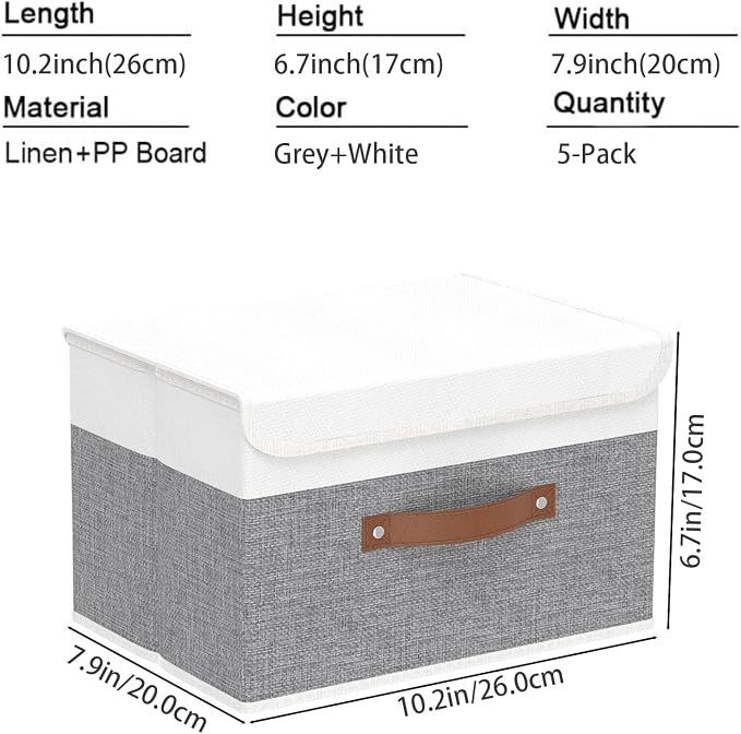 Yawinhe Collapsible Storage Boxes,White/Grey,10.2x7.9x6.7in,5-Pack | Fabric Storage bin with Lids, Washable Cube Organizer Basket; Container with Leather Handle,Closet Organizer for Home