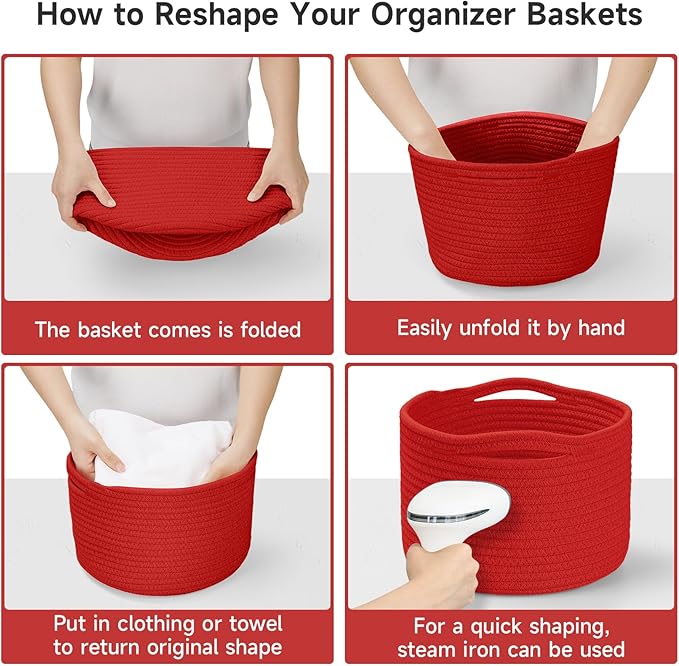 3 Pack Small Rope Storage Baskets, 9.82×9.82×7.1", Red | Cotton Basket for Gifts Empty, Cute Round Woven Basket, Decorative Shelf Basket Organizer, Organizing Basket for Shelves