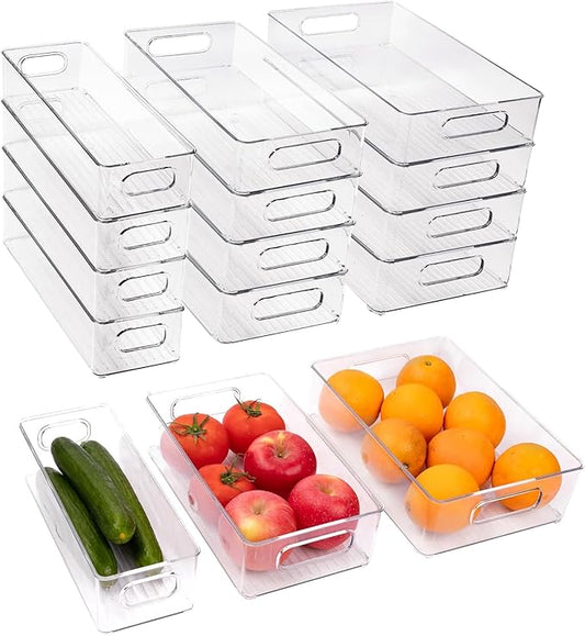 12 Pack Refrigerator Organizer Bins | 3 Sizes Stackable Clear Pantry Storage with Handles for Fridge, Freezer, Shelves, Drawer, Snack Organizer for Home & Kitchen