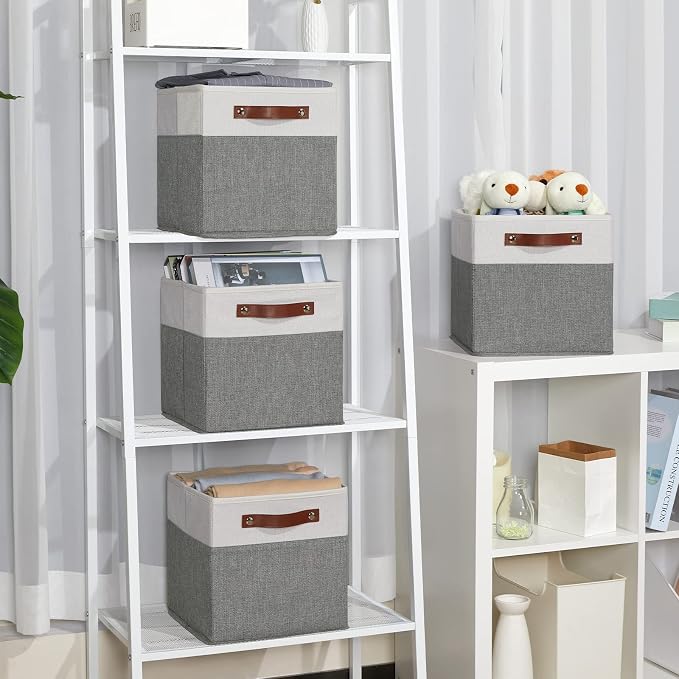 Temary Cube Storage Bins 4 Pack Storage Cubes 11?11 Fabric Storage Bins Foldable Cube Storage Baskets with Handles, Collapsible Storage Basket for Shelf (White & Grey, 11 x 11 x 11)