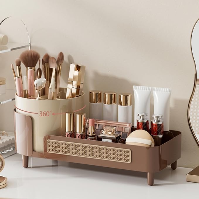 Booklov Rotating Makeup Organizer for Vanity Countertop, Coffee | Plastic Cosmetic Display Case, Large Beauty Brush Holder for Bathroom Counter, Skin Care Perfumes Storage