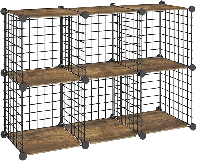 HOOBRO Wire Cube Storage Organizer, 6-Cube Metal Storage Shelves, Modular Closet Organizer, DIY Closet Cabinet for Home, Living Room, Office, Rustic Brown and Black BF06CW01