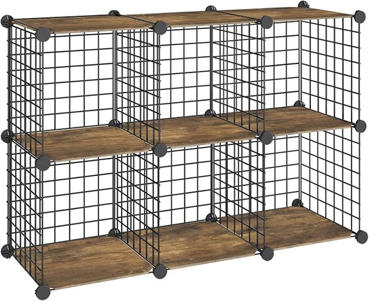 HOOBRO Wire Cube Storage Organizer, 6-Cube Metal Storage Shelves, Modular Closet Organizer, DIY Closet Cabinet for Home, Living Room, Office, Rustic Brown and Black BF06CW01