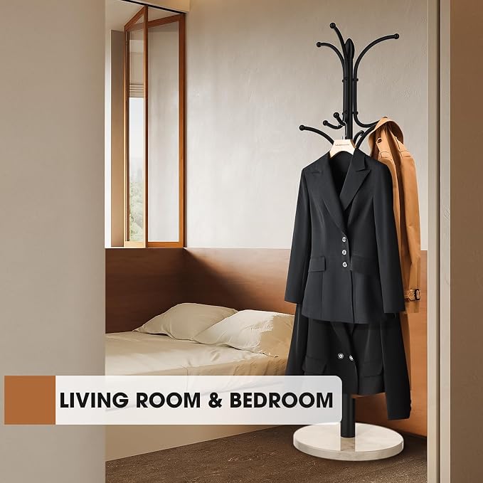 Coat Rack Freestanding,12 Hooks Coat Racks with Natural Marble Base & Umbrella Holder,Easy Assembly Coat Rack Stand for Hanging Scarf,Purse,Hats,Jacket(Black)
