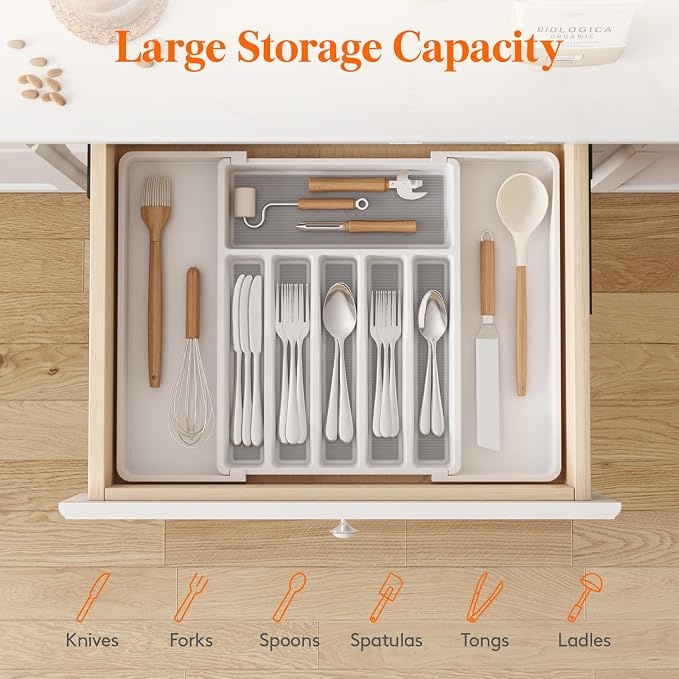 Lifewit Silverware Drawer Organizer, Expandable Utensil Tray for Kitchen, BPA Free Flatware and Cutlery Holder, Adjustable Plastic Storage for Spoons Forks Knives, 33 -57 x 42cm, White and Gray