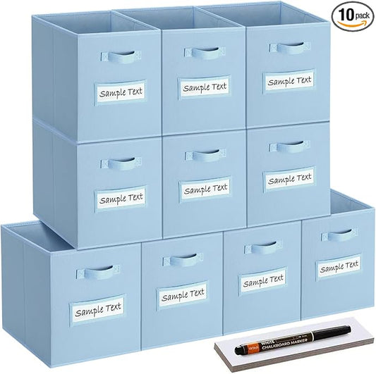13x13x13 storage cube bins (Set of 10) Fabric storage cubes with 10 Labels Window Cards & a Pen, storage cubes 13x13, Collapsible 13 inch cube storage bins, Cubby Organizer Boxes, Pastel Blue