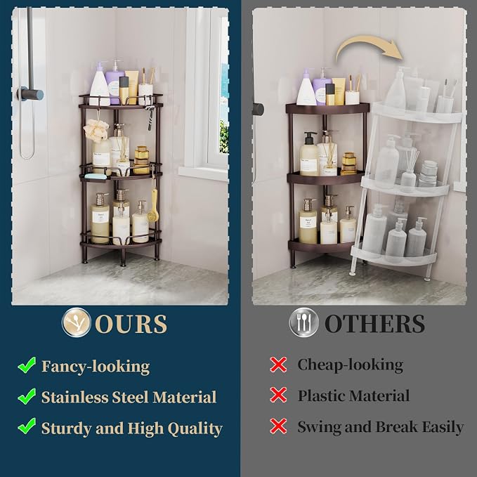 Consumest Corner Shower Caddy Stand - 3 Tier Shower Organizer with Soap Holder, Tall Floor Corner Shelves Standing with Adjustable Feet & 4 Hooks, Storage Rack for Bathroom, Bronze