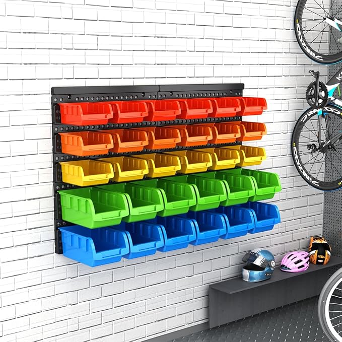 30-Bin Wall Mounted Storage Bins Kit, Tool Organizer Rack, Garage Hardware Organizer, 5 Color Parts Storage Bins, DIY Combination