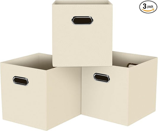 Black Foldable Storage Cubes Bins, Fabric Storage Box Cubes Organizer Baskets with Dual Handles for Home Organizer,Set of 3,(Creamy-White)