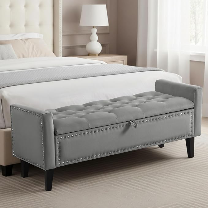 47in Velvet Storage Ottoman Bench with Arms, Upholstered Storage Bench with Wooden Legs, Storage Bench for Bedroom, Living Room, Dark Grey