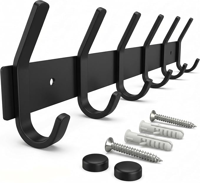 Coat Rack Wall Mount – 17 Inch Stainless Steel Hook Rail with 6 Double Coat Hooks for Hanging – Wall Mounted Entryway Organizer for Coats, Hats, Bags, Towels, Robes, Bedroom or Bathroom - Black