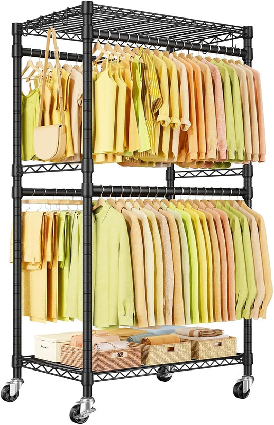 ULIFHOME P4 Rolling Clothes Rack, Clothing Racks for Hanging Clothes, Black | Heavy Duty Garment Rack with Wheels, 2-Tier Free Standing Portable Closet Racks 35.5''W × 20.5''D × 80.5''H, Max Load 560Lbs