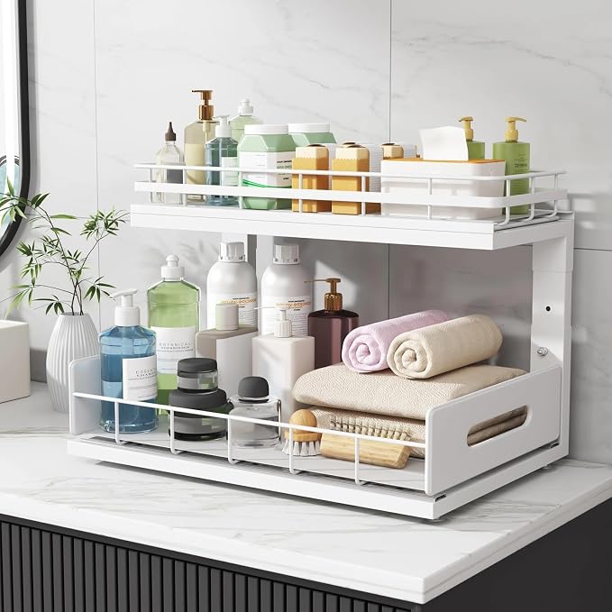 Under Sink Organizer Upgrade To Professional Rails,2-Tier Dual Pull Out Cabinet Storage,Height Adjustable Slide Out Drawers For Bathroom Kitchen,2 Pack-16.7"Dx12.8"-16.9"H,White