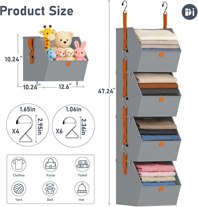 DIMJ Hanging Closet Organizer - 4 Tier Collapsible Hanging Shelves with Hooks Zipper, Fabric Clothes Organizer, Space-Saving Storage Bin Basket for RV, Bedroom, Laundry Organization