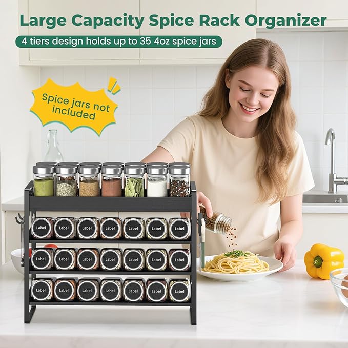 EsLuker.ly Spice Seasoning Rack Organizer Kitchen Countertop, 4 Tier Bamboo | Shelf Holder Storage with 4 Hooks, Wall Mounted Freestanding Stand for Pantry, Quick Spice Access(Jars Not Included), Black