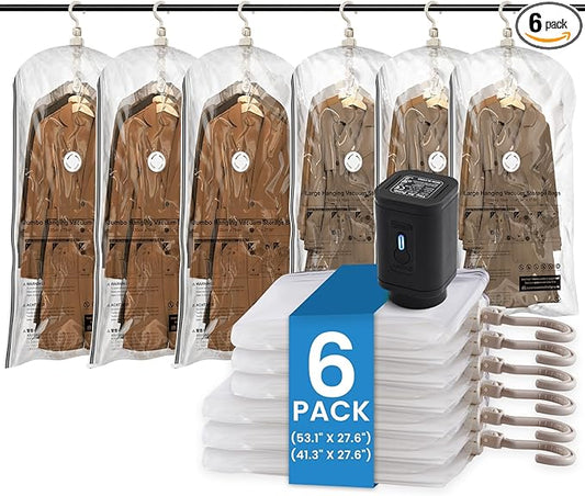 TAILI Hanging Vacuum Storage Bags with Electric Pump, Vacuum Seal Bags for Clothing Travel, Space Saving Hangers for Clothes, Suits, Coats and Jackets, Set of 6 (3 Long, 3 Short)