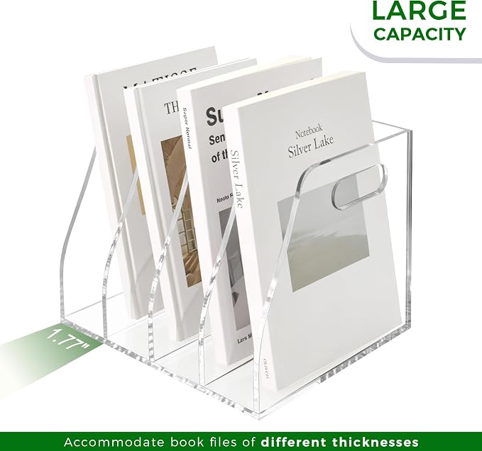 Clear Acrylic Magazine File Holder with Handles, 4-Slot Heavy-Duty Desk Organizer, Vertical Document Sorter & Book Rack for Office, Home & Classroom, Thick 5mm Tabletop Storage, 7.1x8.1x6.3 in