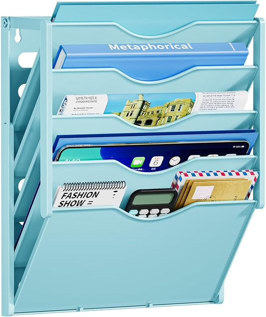 Marbrasse 5 Tier Wall File Organizer, Plastic Hanging File Holder for Mail, Magazines Paper Organizer Wall Mounted for Office Home (Blue)