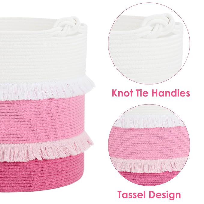 CherryNow 60L Woven Rope Baby Basket with Tassel, 17" x 16", Pink | Decorative Baby Laundry Basket for Blankets & Towels Storage, Fits Girls' Living Room & Nursery Decor, with Knotted Handles