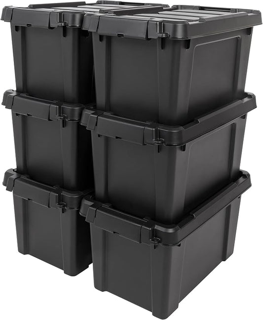 IRIS USA 6-Pack 5 Gal Heavy Duty Lockable Storage Totes with lids, Black | Built for tools, hardware, emergency supplies and small equipment, Stackable design keeps spaces organized