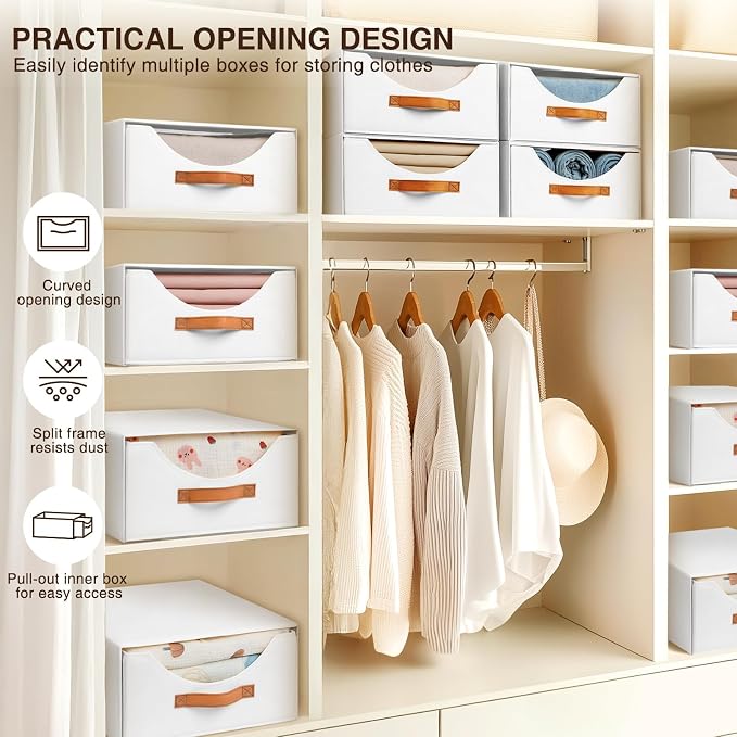 Homsorout Closet Organizers and Storage - Large Stackable Storage Bins with Drawer, Fabric Bins for Organization, Collapsible Storage Drawers Organizer for Bedroom, Living Room, 4 Pack, White