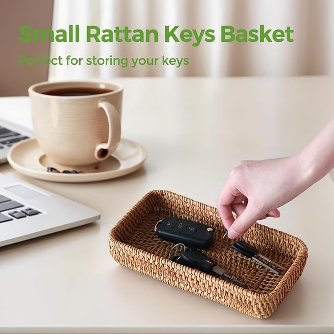 Small Rattan Serving Tray, Natural Wicker Decorative Tray (8.2" × 4.3") | Handwoven Tray for Trinket Ring Cosmetic, Rectangle Keys Basket Jewelry Perfume Trays for Coffee Table Entryway Living Room