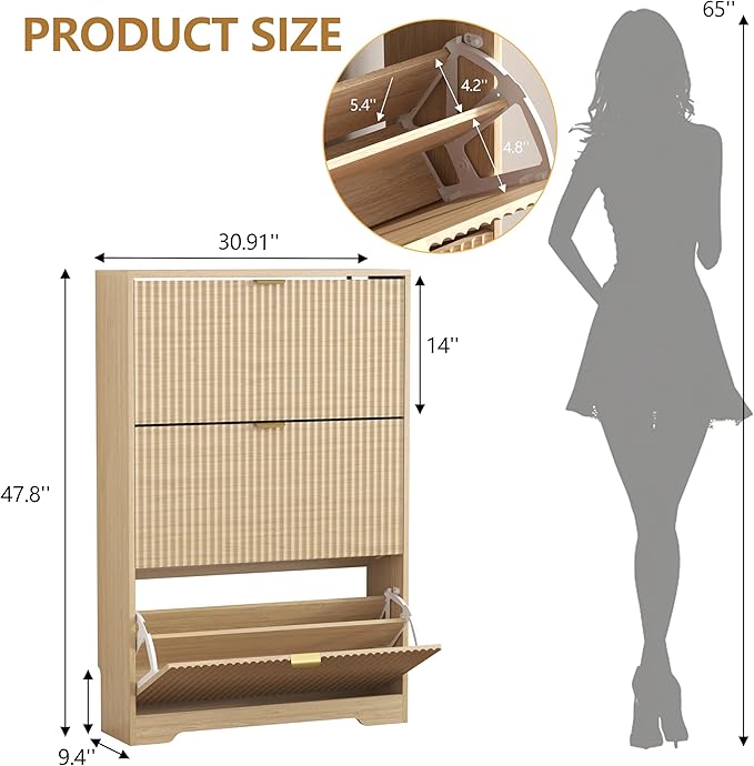 HUANLEGO Shoe Cabinet Storage for Entryway with 3 Flip Drawers, Oak Fluted Shoe Cabinet with Adjustable Shelves, Wooden Hidden Shoe Rack Freestanding Narrow Slim Shoes Storage for Hallway, Entrance