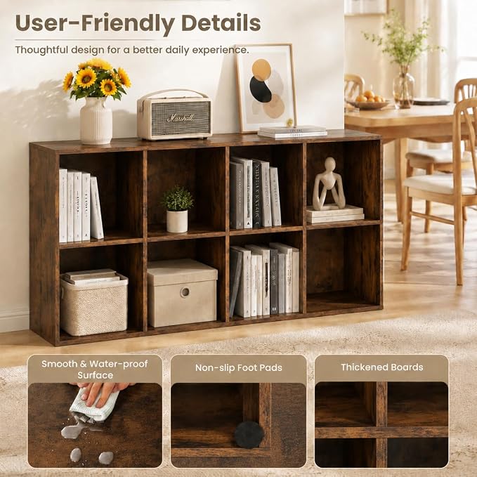 POWERSTONE 8 Cube Storage Organizer, Open Cube Bookshelf with Back Panels, Modern Display Cubby Bookcase for Bedroom Living Room Home Office, Rustic Brown