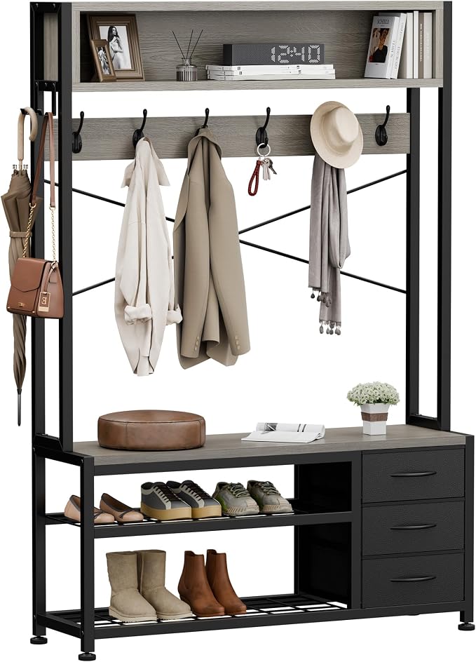 Hall Tree with Bench and 3 Drawers Storage, 39.4" Coat Rack Freestanding