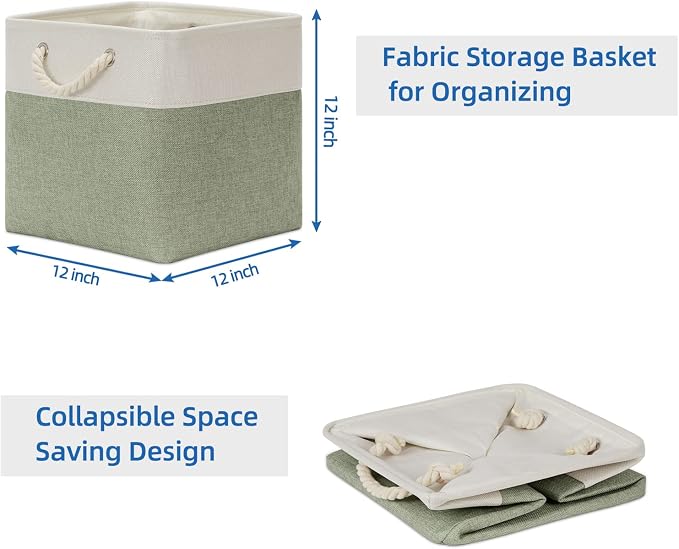 Temary Cube Storage Baskets for Shelves 12 Inch Storage Cubes 4pack Fabric Storage Baskets for Organizing Clothes, Closet Basket with Rope Handles for Home (White&Green)
