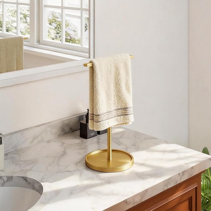 STWWO Hand Towel Holder Stand, T-Shape Countertop Hand Towel Stand for Bathroom Kitchen, Adjustable Hand Towel Holder, Gold