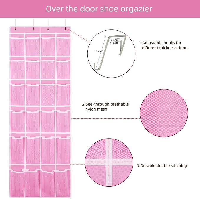 SAVERHO Hanging Shoe Organizer, Over The Door Shoe Organizer with 24 Breathable Mesh Pockets for Men Women Kids Hanging Shoe Storage Rack Organizer Size:58x21 Inch（Pink）
